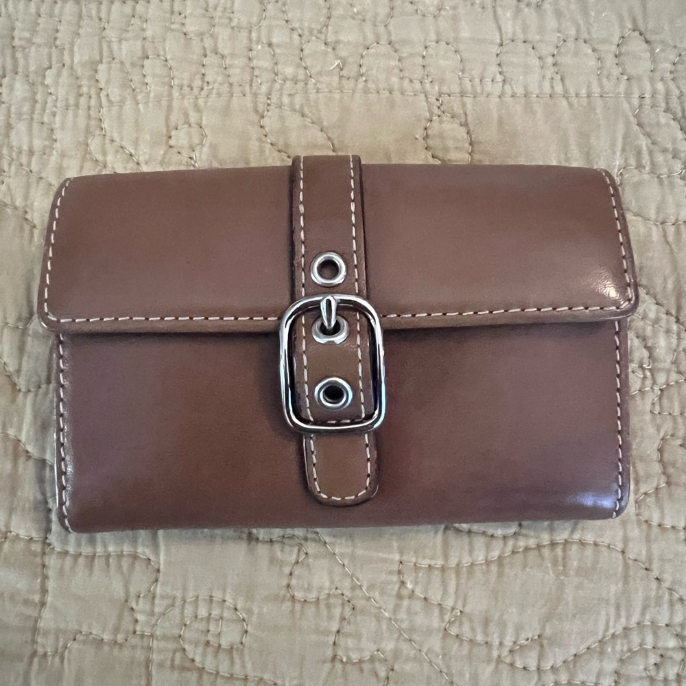 Coach Small tan Leather Wallet with red interior leather